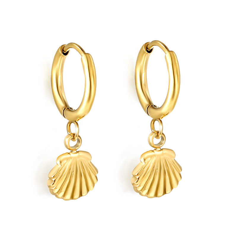 18K Gold Plated Sea Shell Charm Hoop Earrings, Stainless Steel Scallop Shell Dangle H