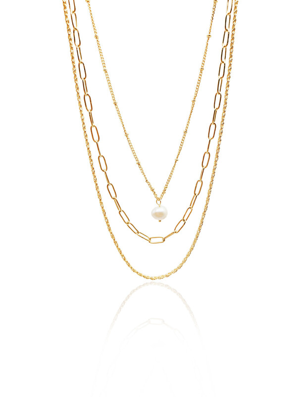 18K Gold Plated Triple Layered Necklace Set with Pearl and Rectangular Pendant
