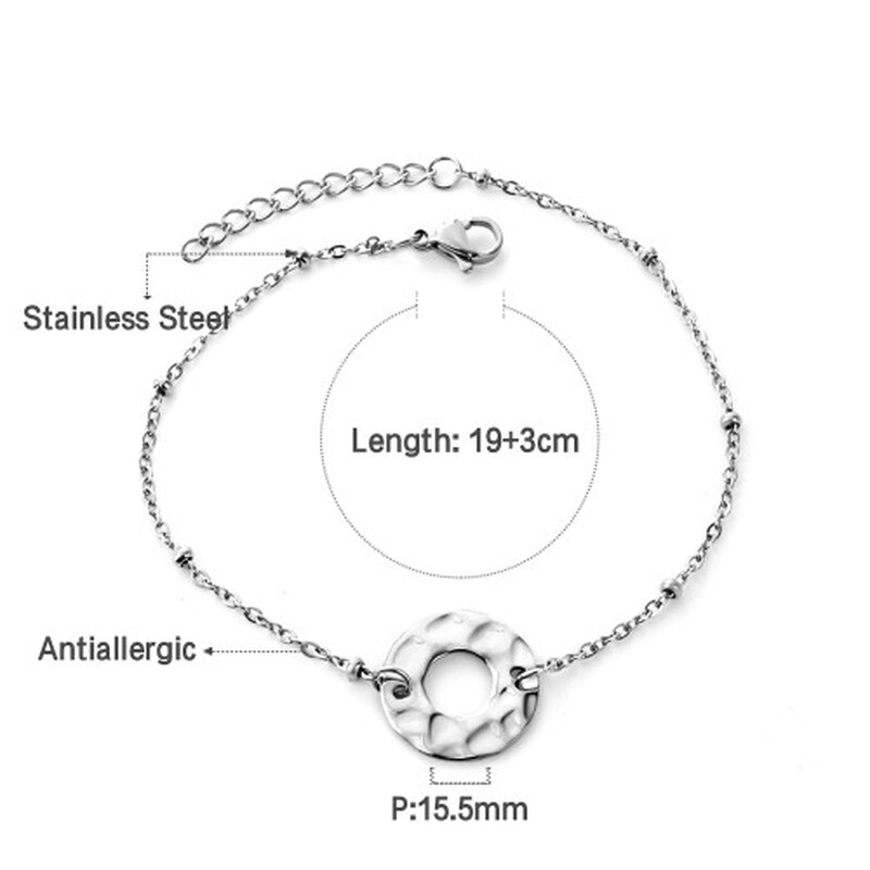 Silver Stainless Steel Hollow Circle Pendant Bracelet, Tarnish-Free Minimalist Link C