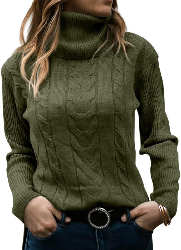 Women Turtleneck Sweater Long Sleeve Soft Cable Knit Winter Pullover (militarygreen, 