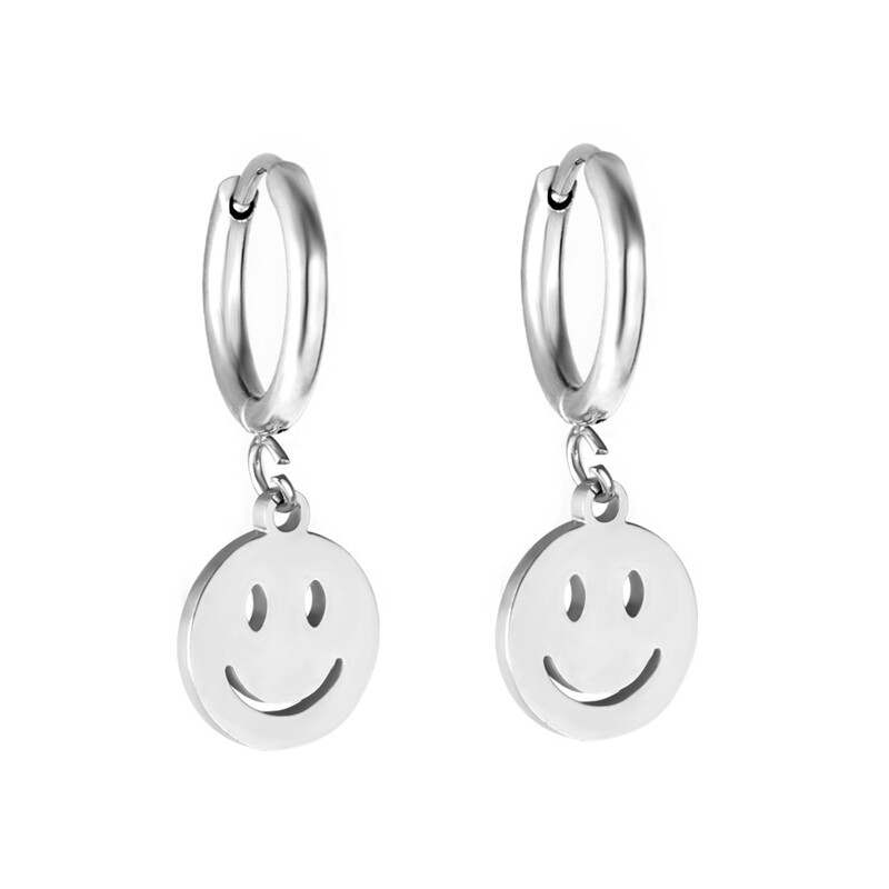 Silver Tone Stainless Steel Smiley Face Dangle Earrings, Minimalist Happy Face Huggie