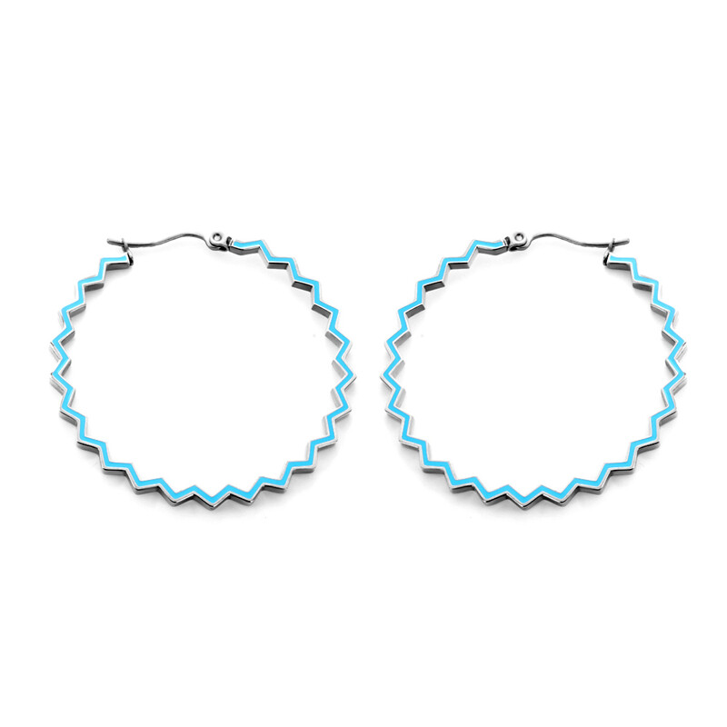 45mm Silver Tone Stainless Steel Round Hoop Earrings, Blue Beaded Decorative Circle H