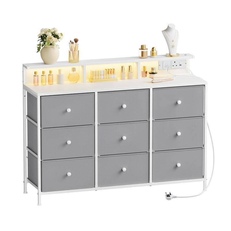 Songmics Wide Dresser Fabric 9 Drawers LED Lights and Charging Grey/White & Oak Effect