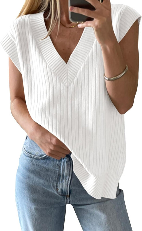 Women's V Neck Sweater Oversized Vest Sleeveless Lightweight Summer Sweater Elegant (white, XXL)