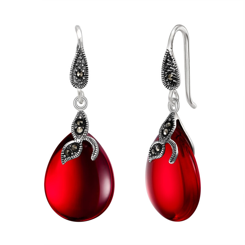 Art Deco Crystal Leaf Teardrop Hook Earrings with Natural Red Chalcedony