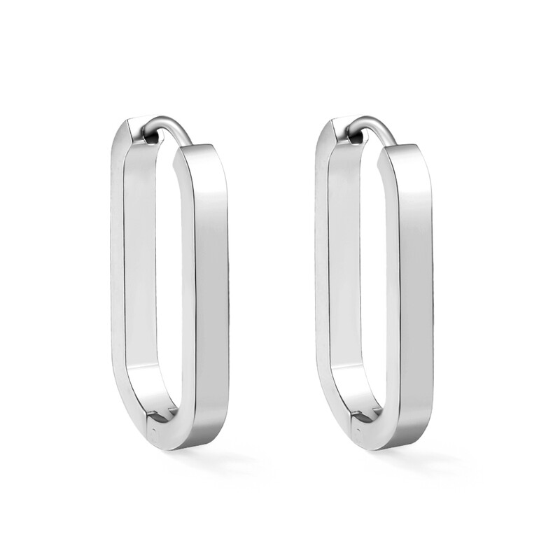 Silver Tone Stainless Steel Oval Hoop Earrings, 25.7mm Minimalist Geometric Huggie Ho