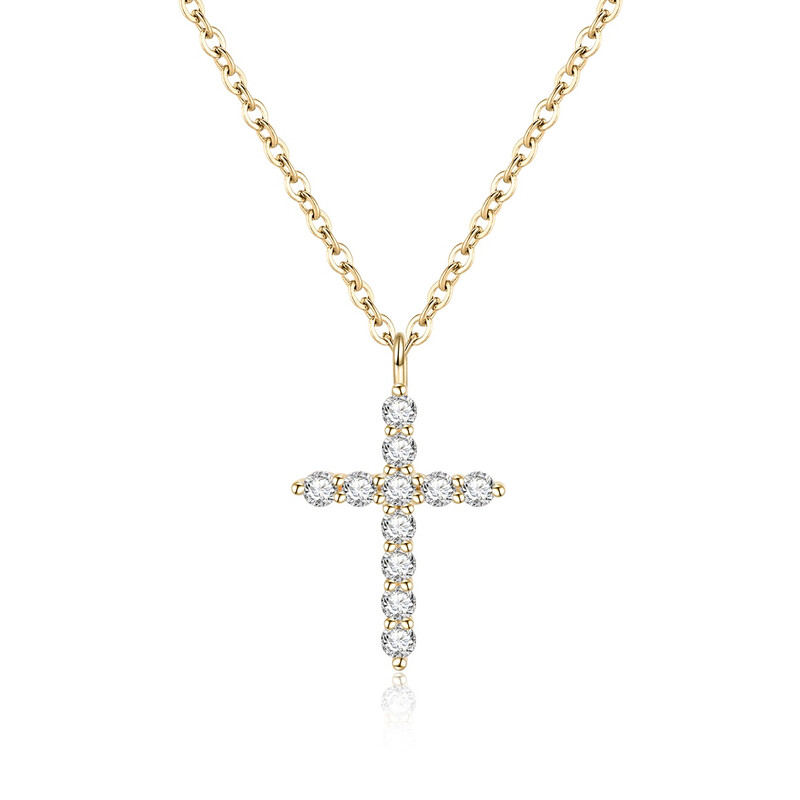 Dainty 14K Gold Plated Cross Cubic Zirconia Tiny Cross Pendant Necklace