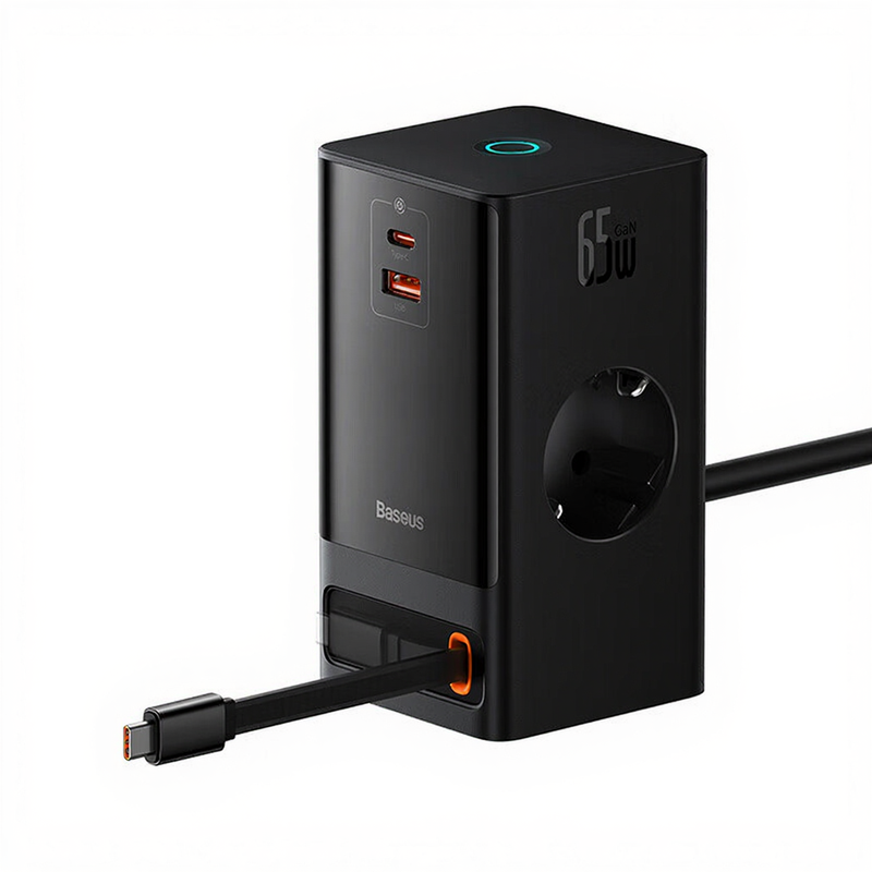 Baseus PowerCombo Digital PowerStrip 2AC+1U+1C+Retractable-C 65W mit 1,5m Netzkabel EU Schwarz