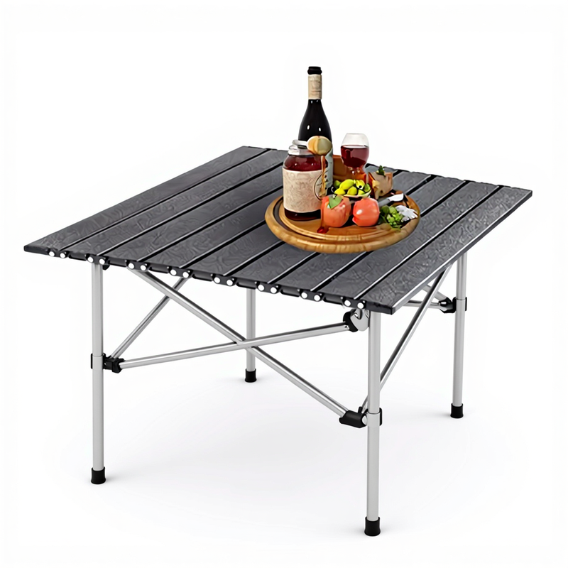 Huacan draagbare inklapbare tafel voor buitenkamperen, metalen oprolbare tafel, kampeeruitrusting, barbecuebenodigdheden, zwart, zwarte vierkante tafel van koolstofstaal + opbergtas