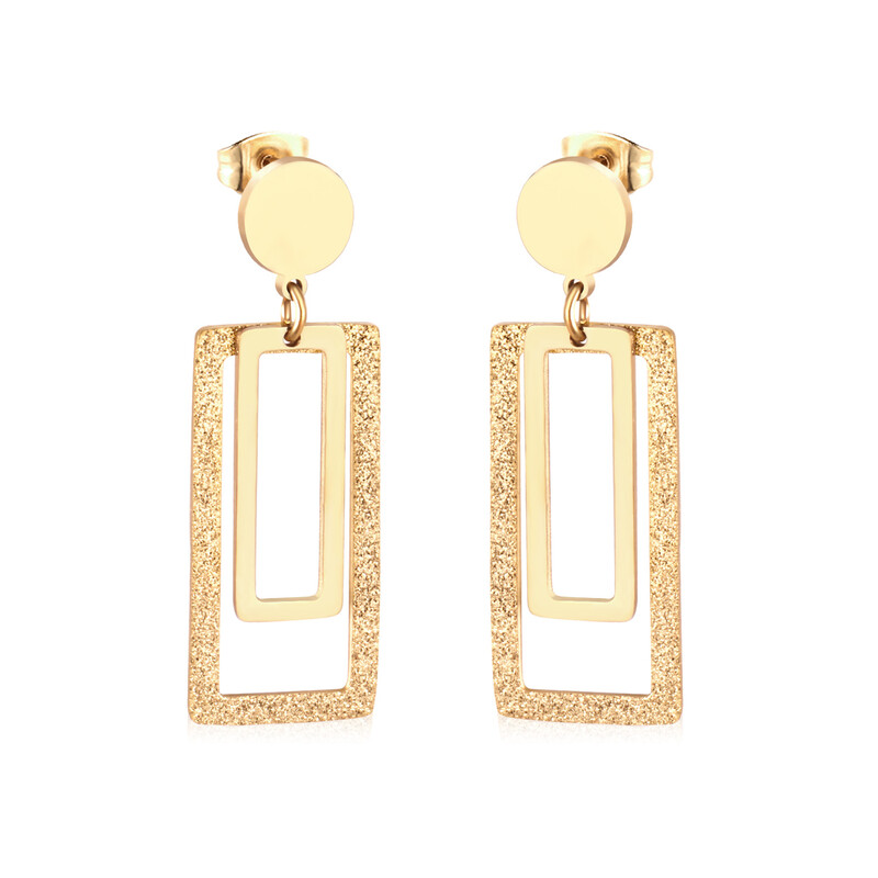Gold Tone Frosted Matte Geometric Drop Earrings, Rectangular Double Layer Statement S