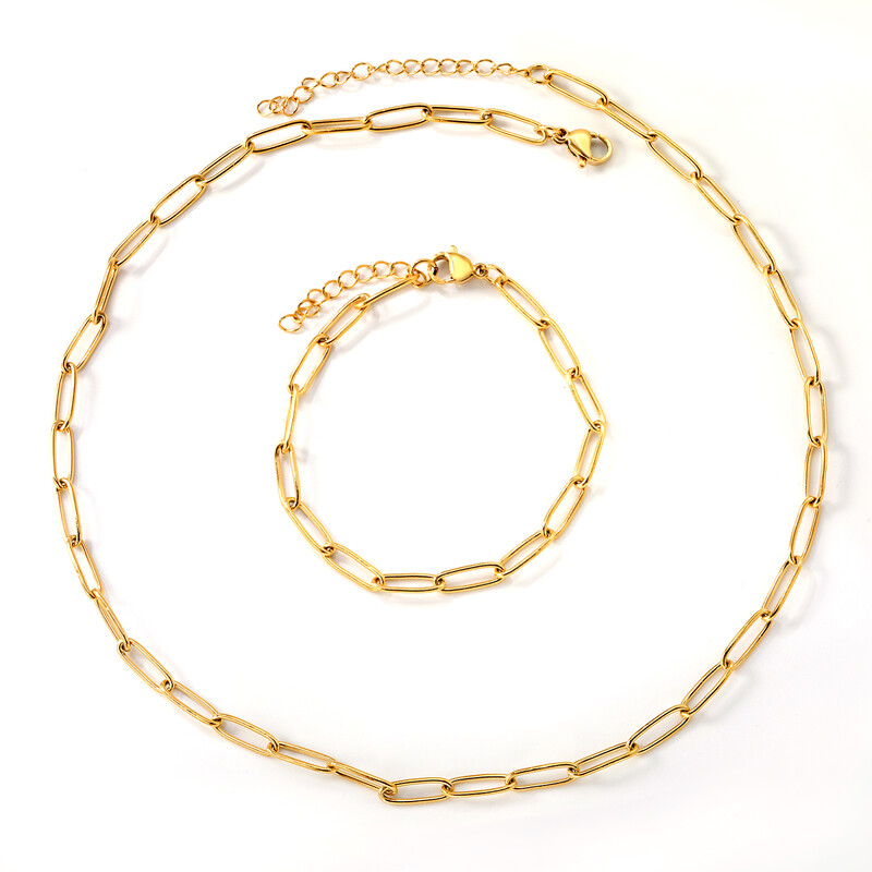 Paperclip Link Chain Bracelet & Choker Set, 18K Gold PVD Stainless Steel Oval Link Je