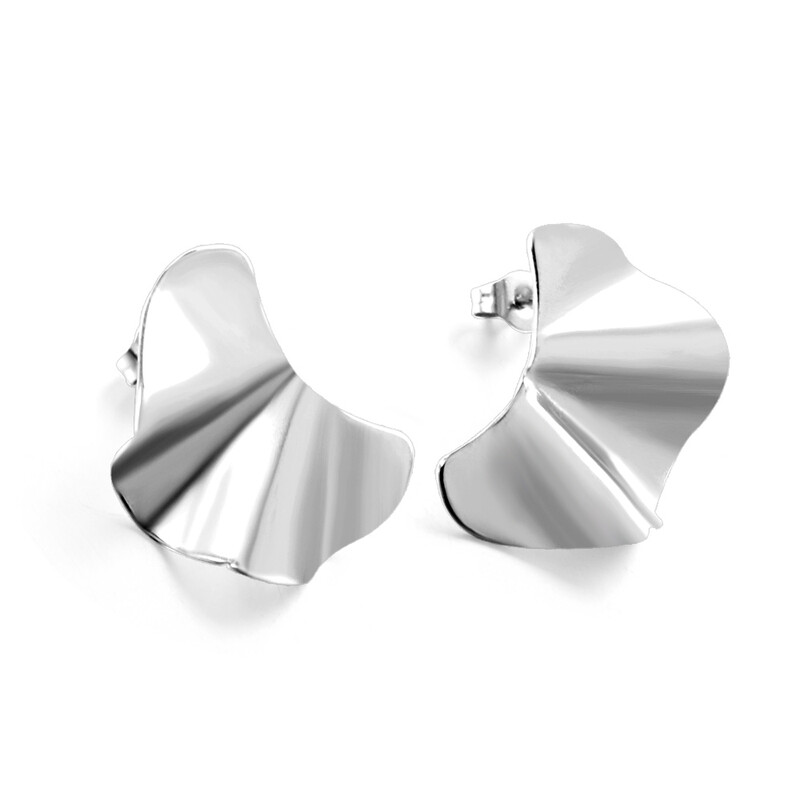 Silver Tone Surgical Steel Irregular Abstract Earrings, Minimalist Geometric Wave Stu