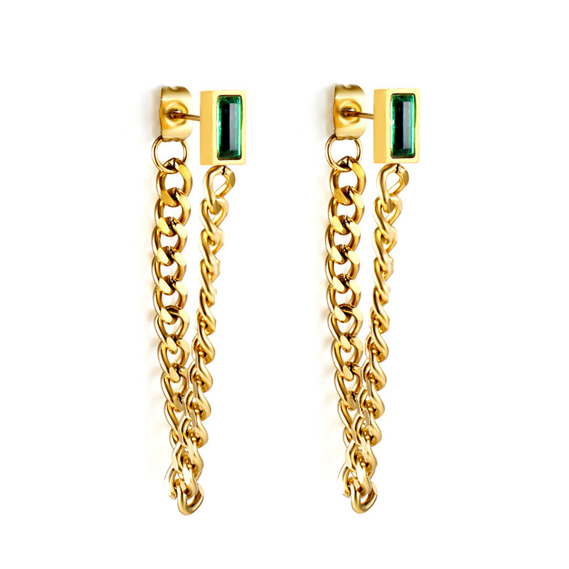 18K Gold Plated Long Chain Drop Earrings with Emerald Green CZ, Rectangular Crystal T