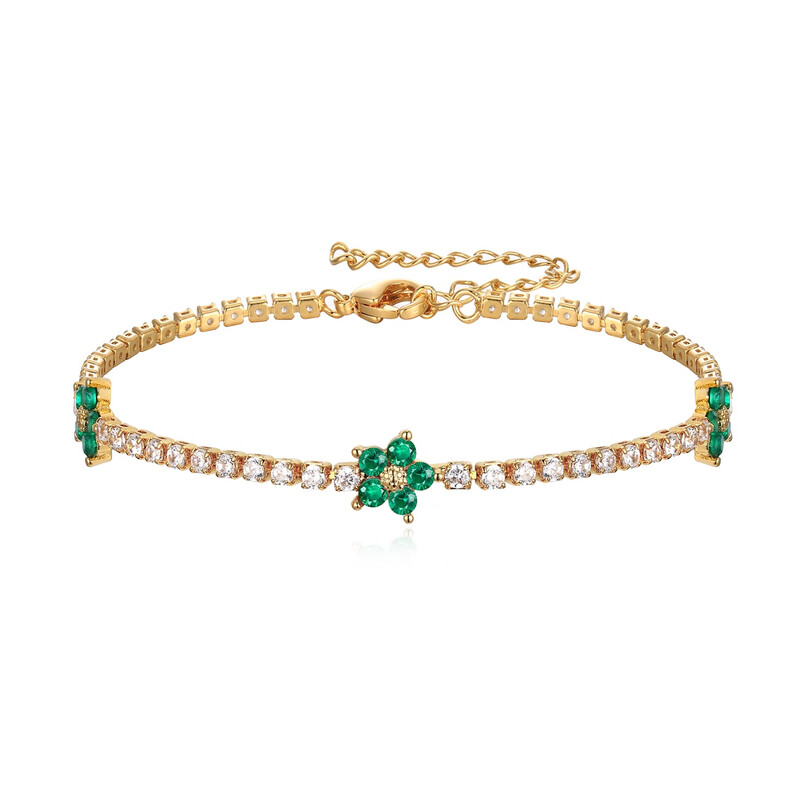 14K Gold Plated Flower Tennis Bracelet With Green Cubic Zirconia