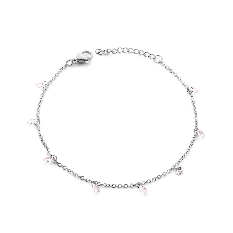 Sparkling Cubic Zirconia Station Bracelet, Stainless Steel Silver Tone, 4mm Charms