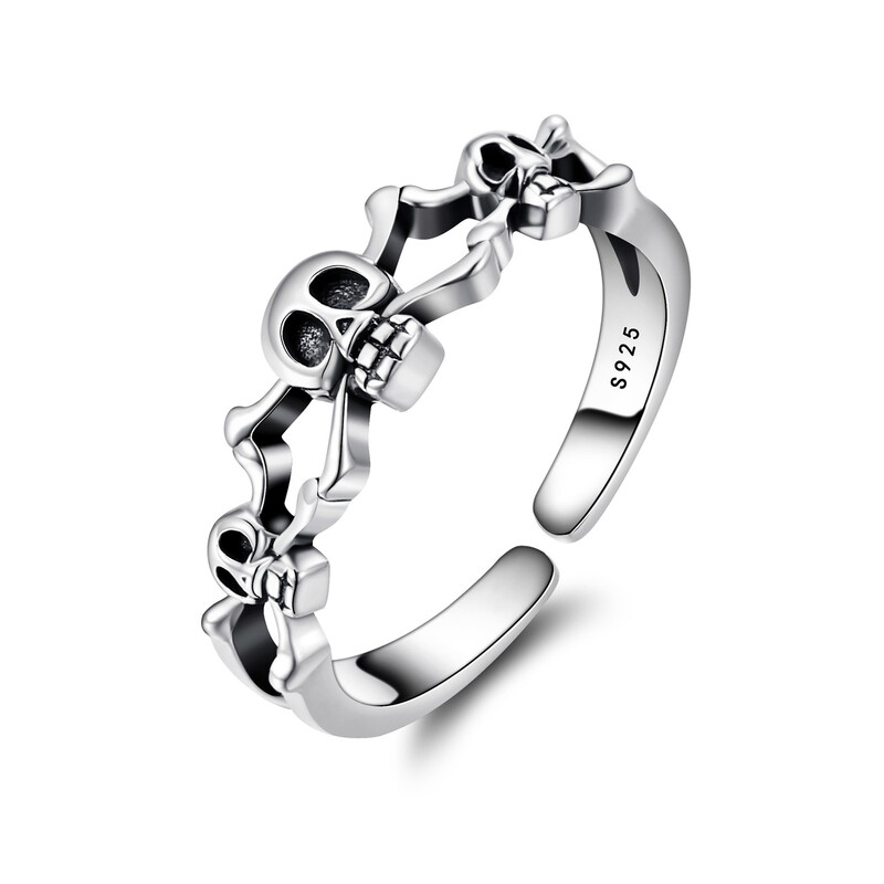 Vintage Gothic Skeleton Skull Open Cuff Ring