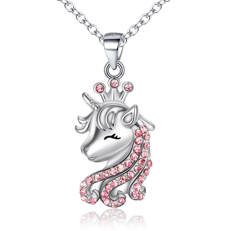 Pink Lucky Unicorn Pendant Necklace with Cubic Zirconia