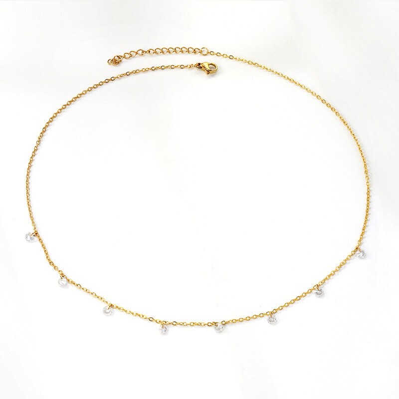 18K PVD Gold Stainless Steel Station Necklace, 4mm Round Cubic Zirconia Dainty Choker