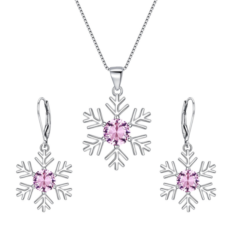 Snowflake Pendant Necklace and Leverback Earrings Set with Cubic Zirconia