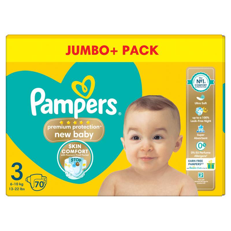 New Baby Premium Protection Nappies Size 3 70 Pack Jumbo+ Pack