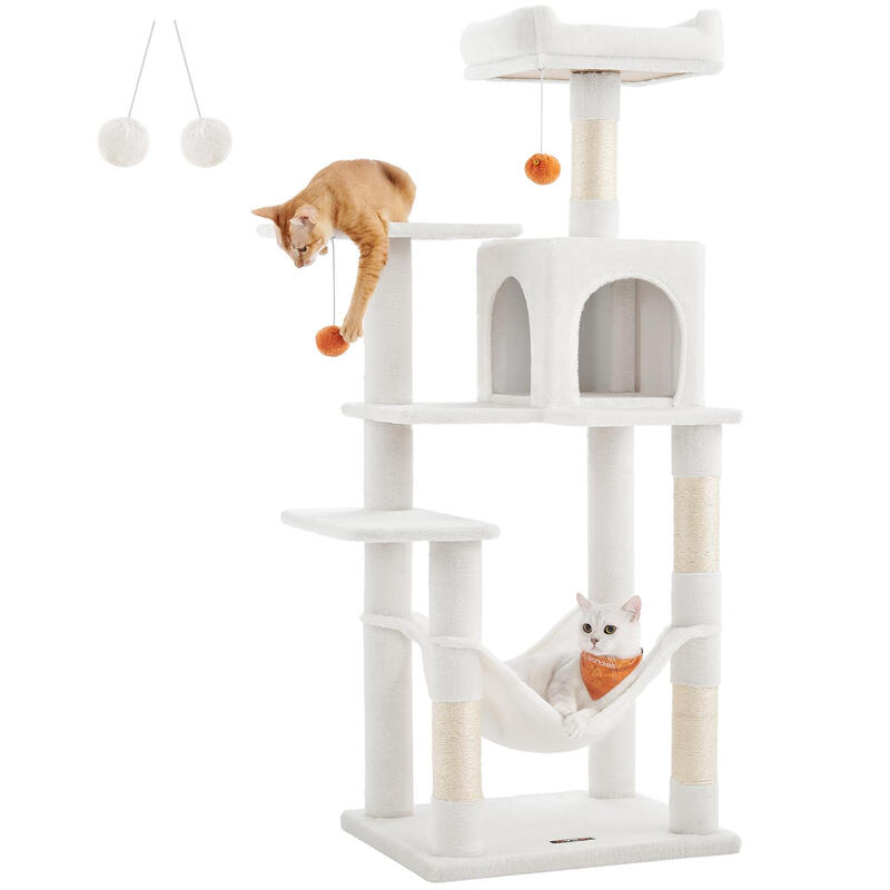 Multi-Level Plush Cat Condo, 55x45x143cm, Cream White