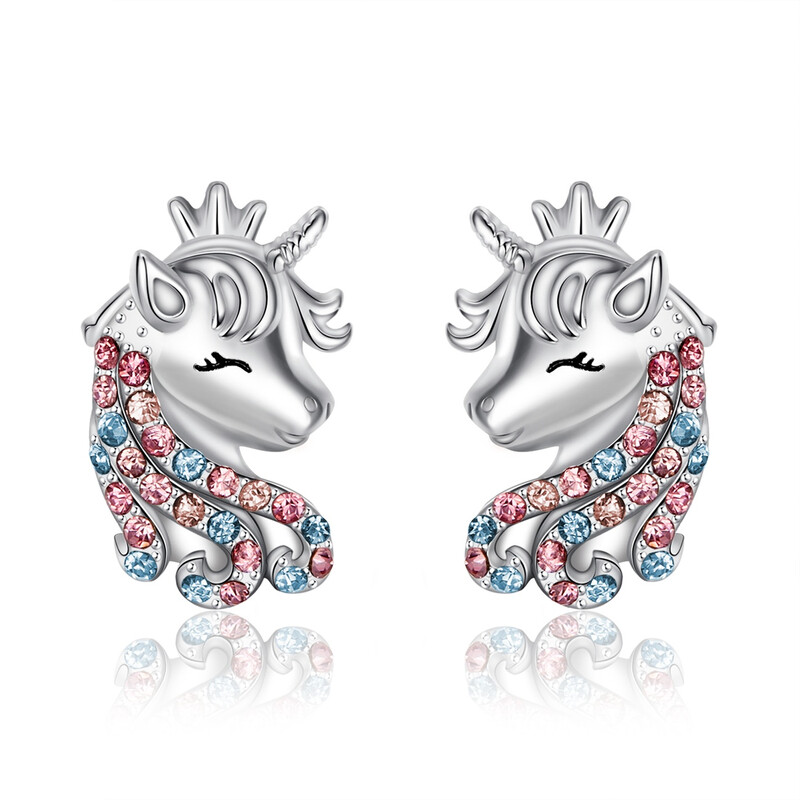Rainbow Lucky Unicorn Stud Earrings with Cubic Zirconia