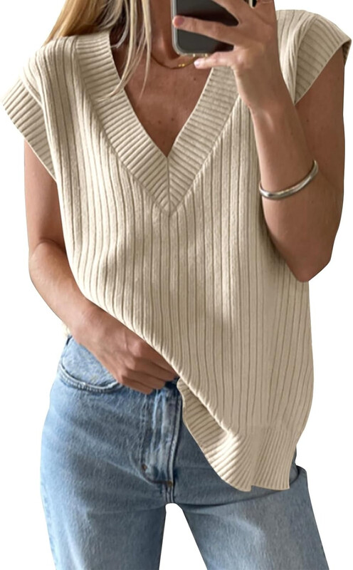 Women's V Neck Sweater Oversized Vest Sleeveless Lightweight Summer Sweater Elegant (beige, XXL)