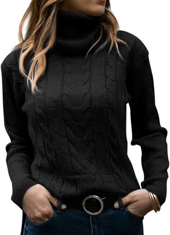 Women Turtleneck Sweater Long Sleeve Soft Cable Knit Winter Pullover (Black, S)