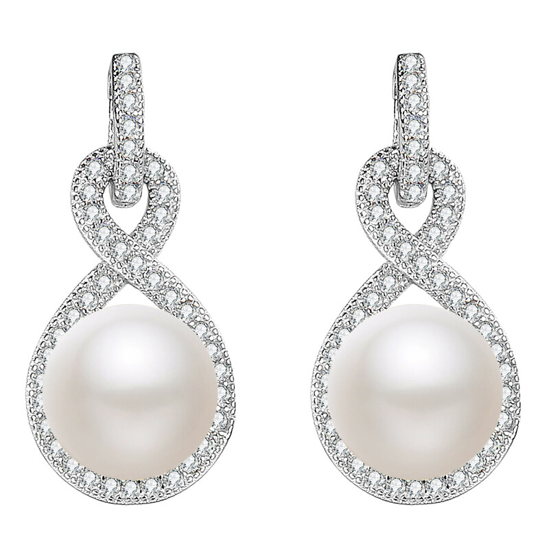 Cubic Zirconia Ivory Freshwater Cultured Pearl Infinity Dangle Earrings