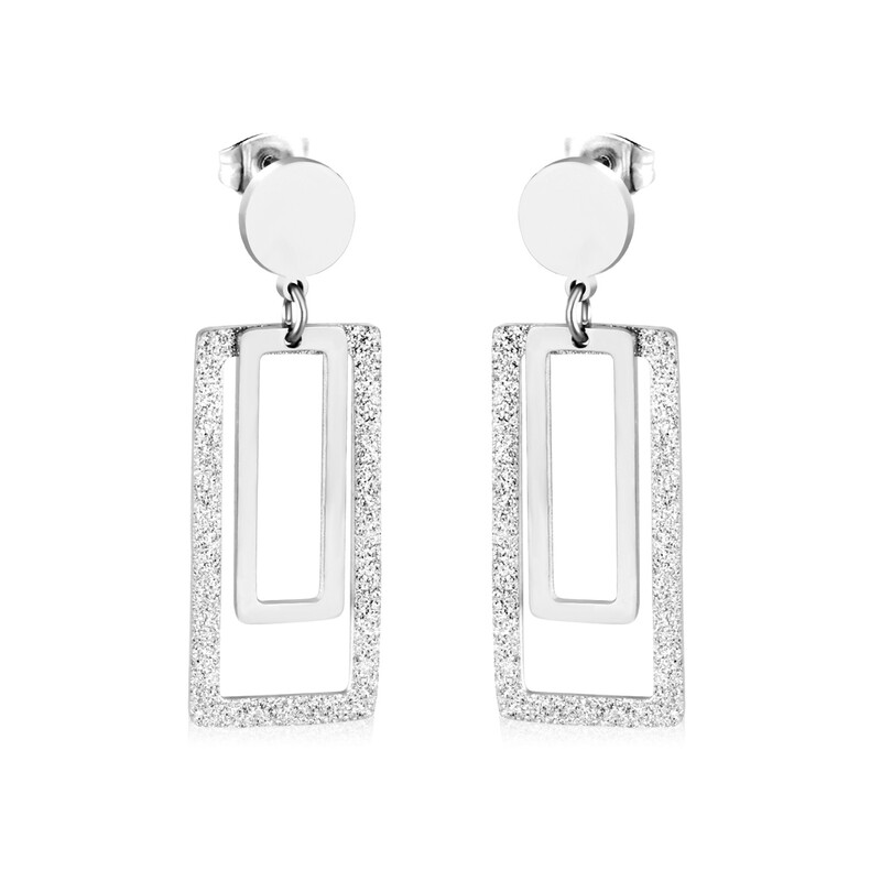Silver Tone Matte Geometric Rectangular Earrings, Frosted Texture Double Frame Drop S