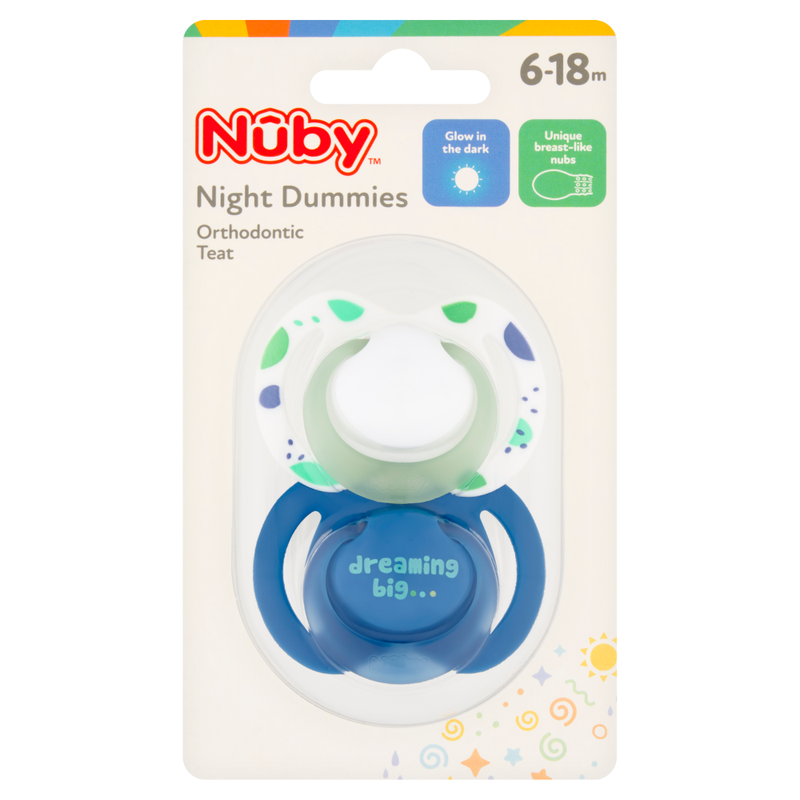 Nûby Night Dummies Orthodontic Teat 6-18 Months 2 Pack White/Blue
