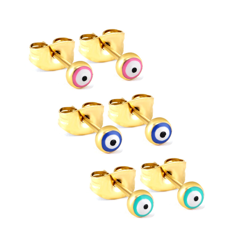 3-Pair Set Evil Eye Stud Earrings for Women, 18k PVD Gold Plated Stainless Steel Prot
