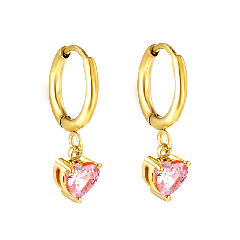 18K Gold Plated Stainless Steel Pink Heart Crystal Hoop Earrings, 14mm Romantic Dangl