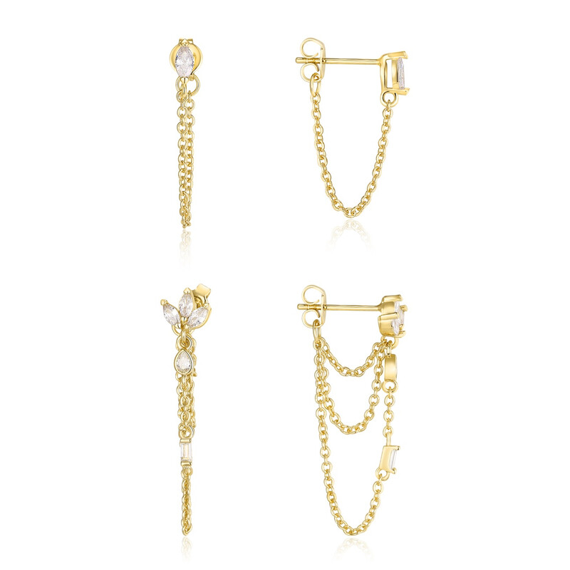 Cubic Zirconia Gold Plated Hypoallergenic Dainty Chain and Stud Earrings Set