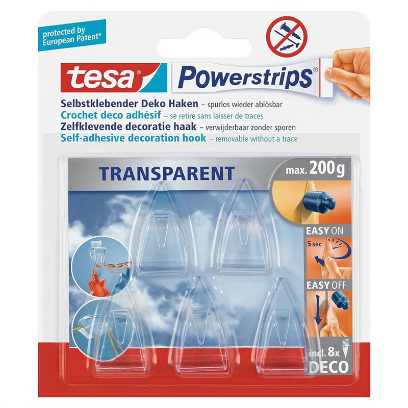 Tesa Powerstrips Dekorative Haken Transparent, 5 Stück