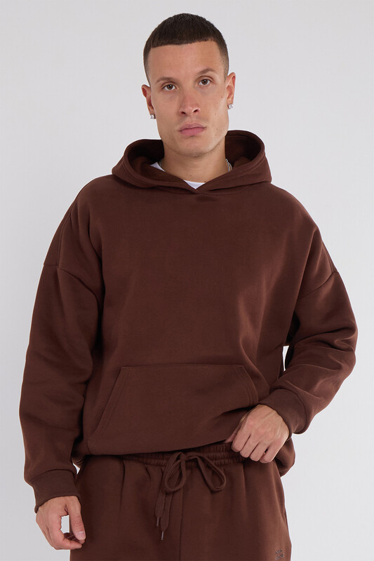 Oversized Fleece Pullover Hoodie, Vintage Brown, M Size