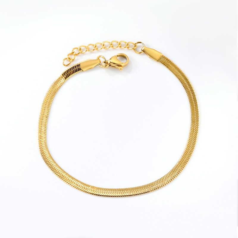 Flat Snake Bone Herringbone Chain Bracelet, 18K Gold Plated Stainless Steel, Retro Ch