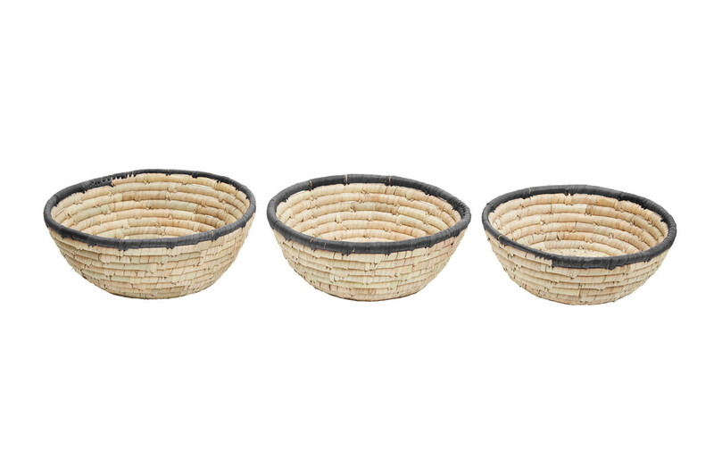 Set Of 3 Palm Leaf Baskets With Black Trim