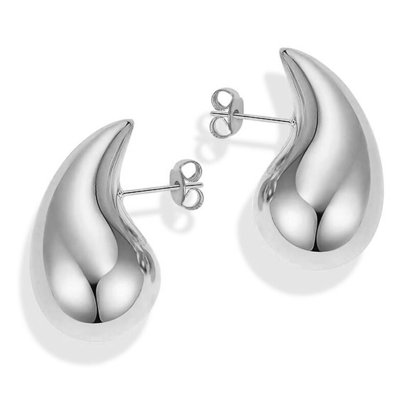 Silver Tone Teardrop Stud Earrings for Women - 25mm Large Rhodium Plated Chunky Water