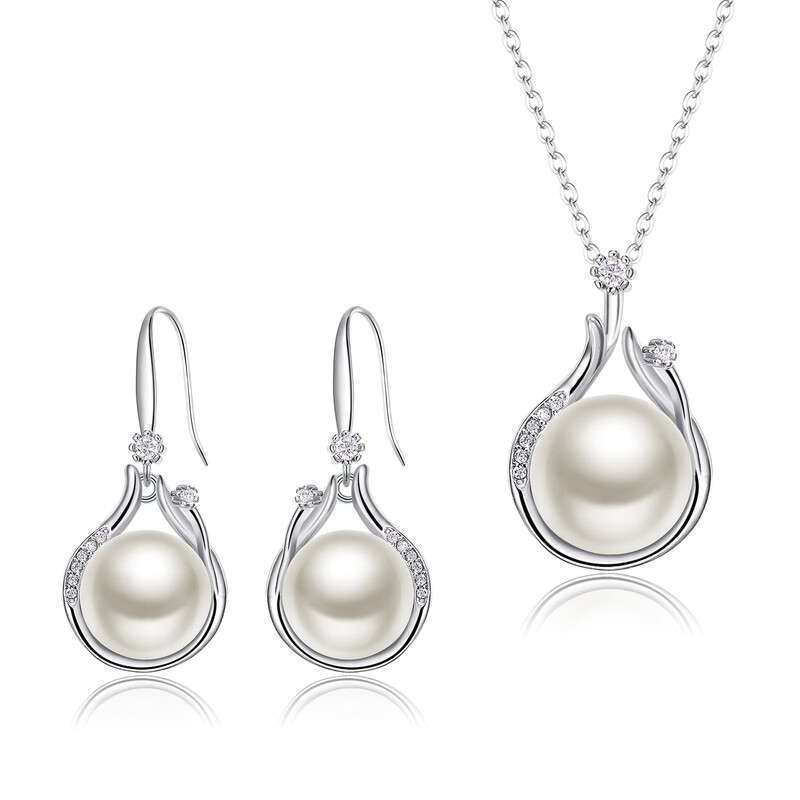 Cubic Zirconia and Freshwater Pearl Curved Pendant Necklace with Dangle Hook Earrings