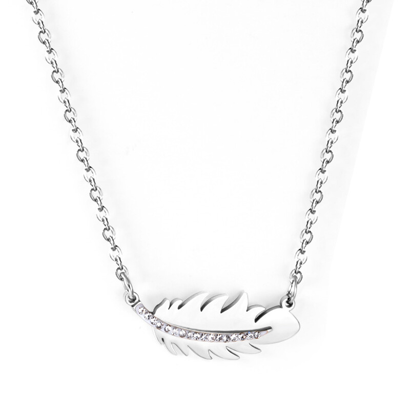 Silver Tone Leaf Pendant Necklace with White Crystals, 40+5cm Steel Color