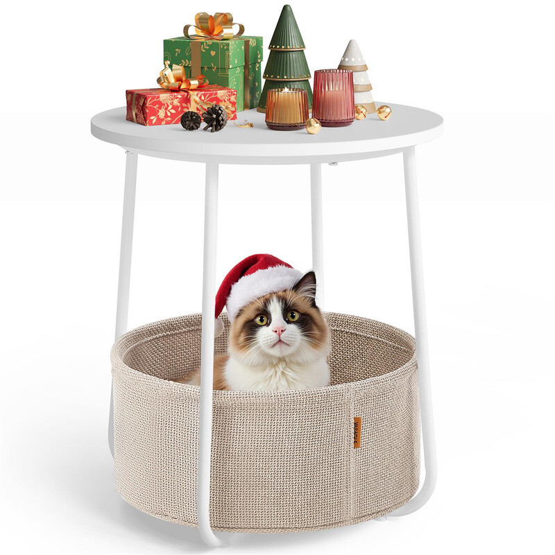 Side Table Round with Storage Basket White/Beige