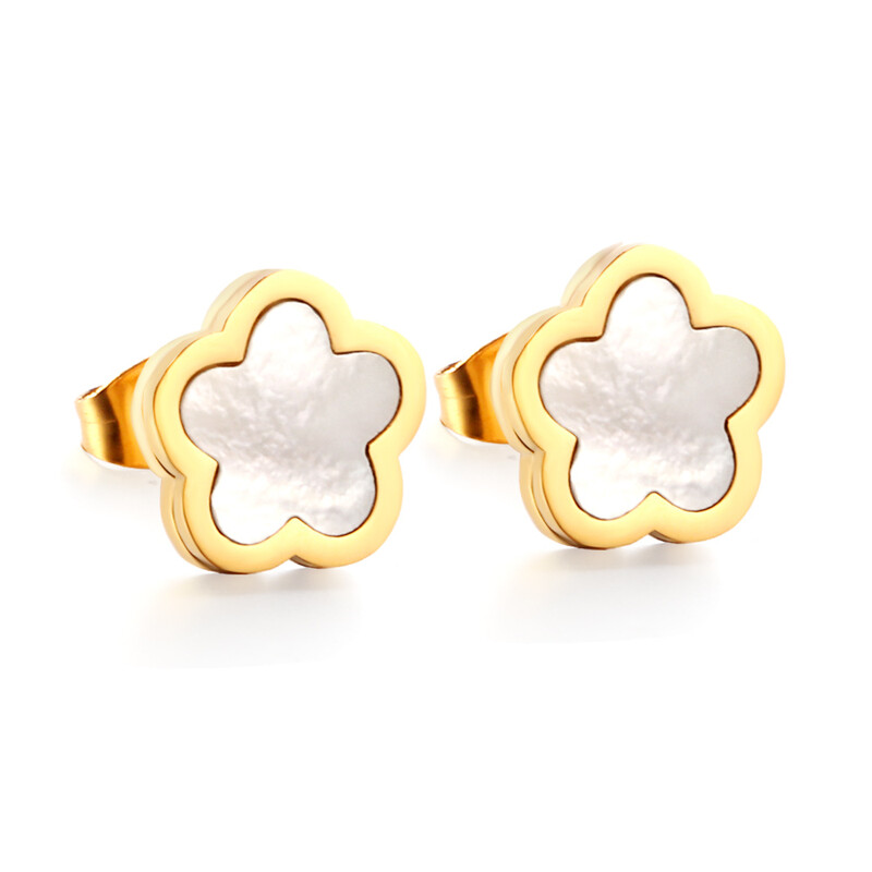 Gold Plated Flower Stud Earrings with White Shell – Mother of Pearl Peach Blossom Inl