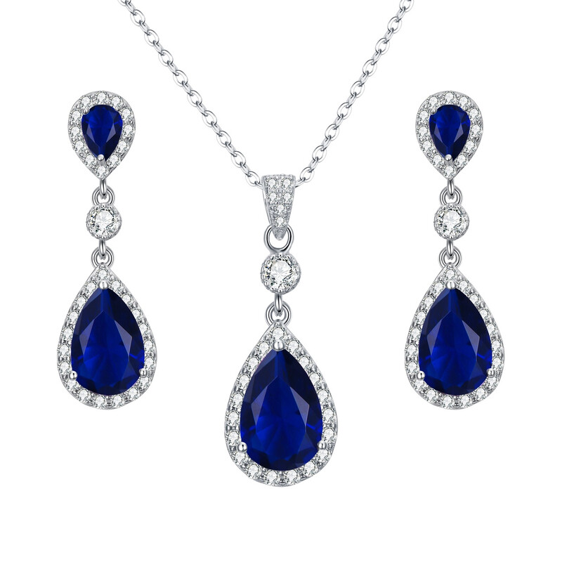 Blue Cubic Zirconia Infinity Teardrop Pendant Necklace and Dangle Earrings Set