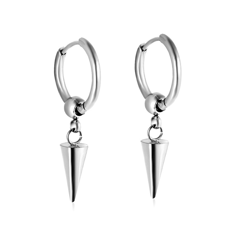 Silver Tone Stainless Steel Spike Dangle Hoop Earrings, Minimalist Punk Cone Huggies