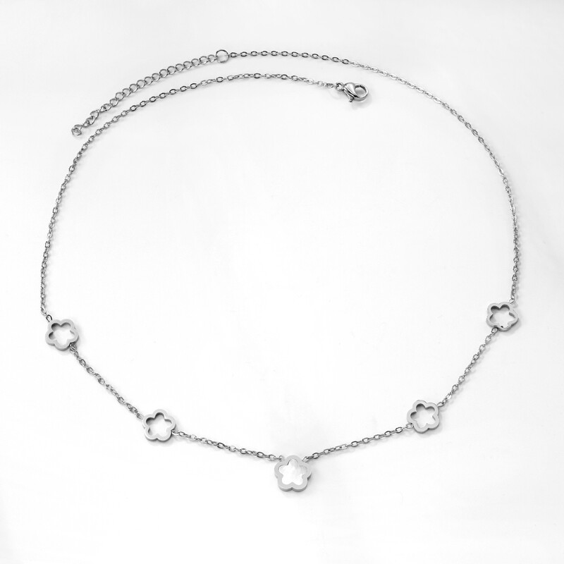 Silver Tone Flower and Mother of Pearl Necklace, 4 Hollow Blossom Charms