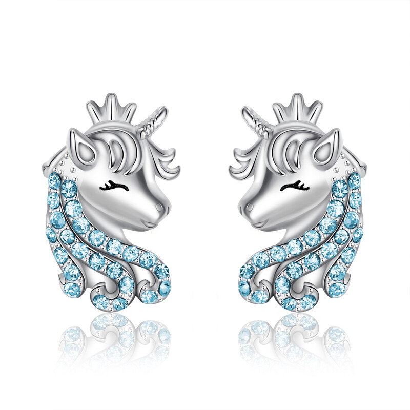 Blue Lucky Unicorn Stud Earrings with Cubic Zirconia