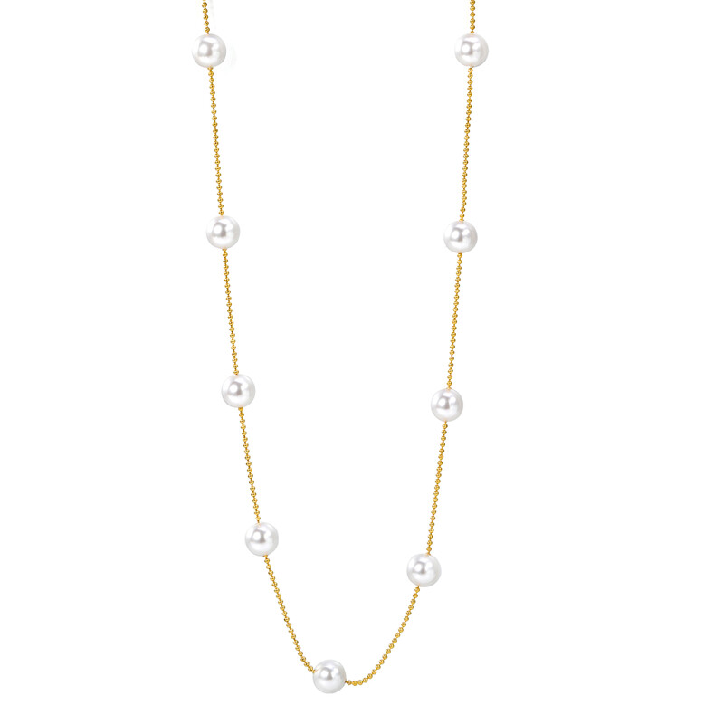18K PVD Gold Stainless Steel Pearl Station Necklace, 42+5cm Elegant Beaded Choker