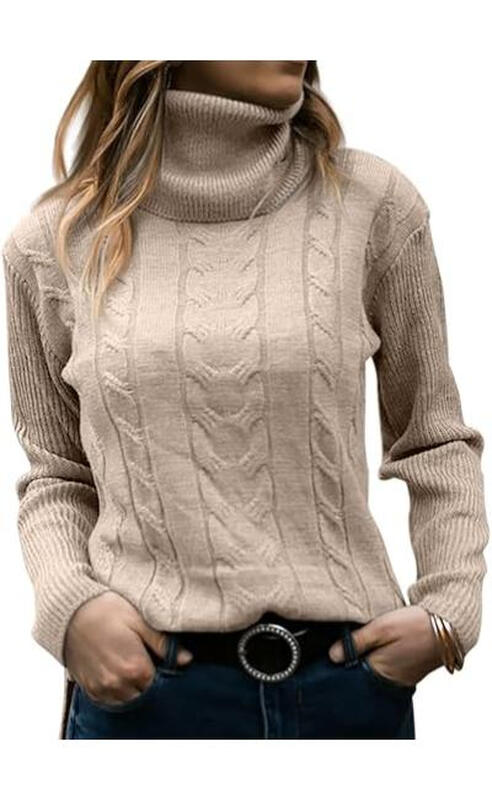 Women Turtleneck Sweater Long Sleeve Soft Cable Knit Winter Pullover (beige, S)