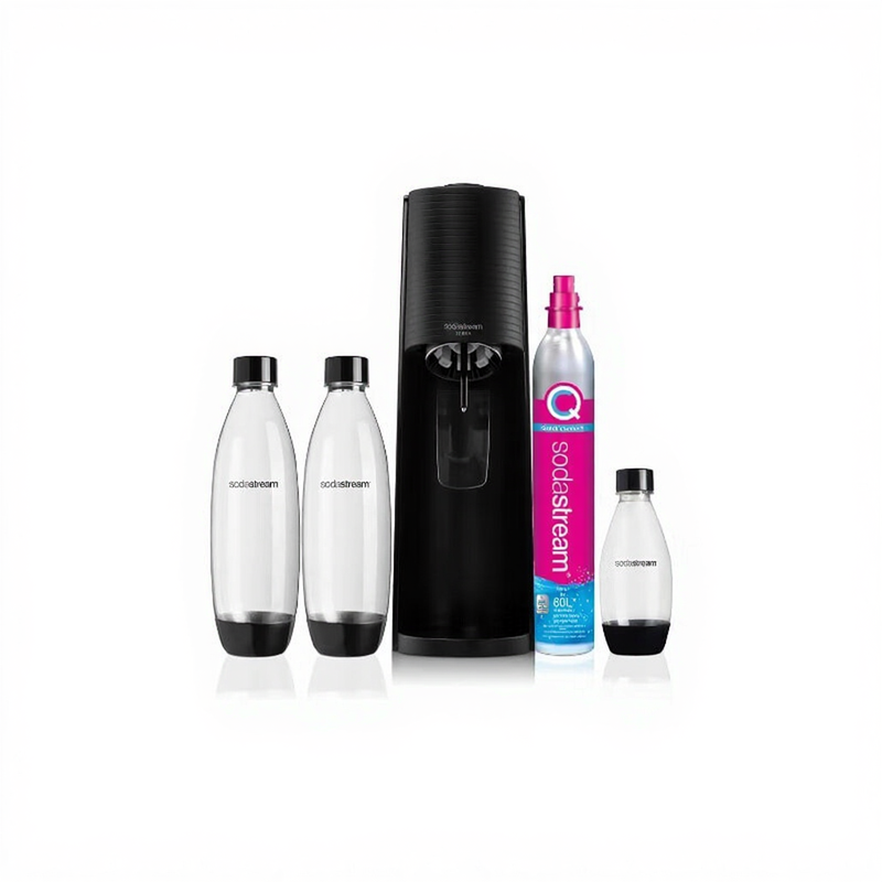 Sodastream Wassersprudler Terra Black Value Pack x3 mit 2 1 l und 1 Flasche à 1/2 l spülmaschinenfest und 1 Quick Connect Zylinder, Acryl, Schwarze Erde